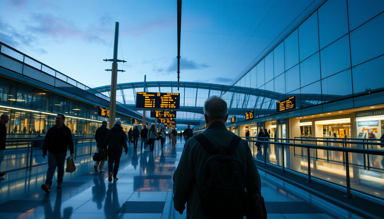 Terminal de aeroporto moderno com viajantes caminhando em estilo editorial