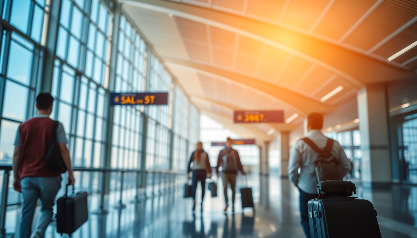 airport terminal modern with travelers walking in editorial style