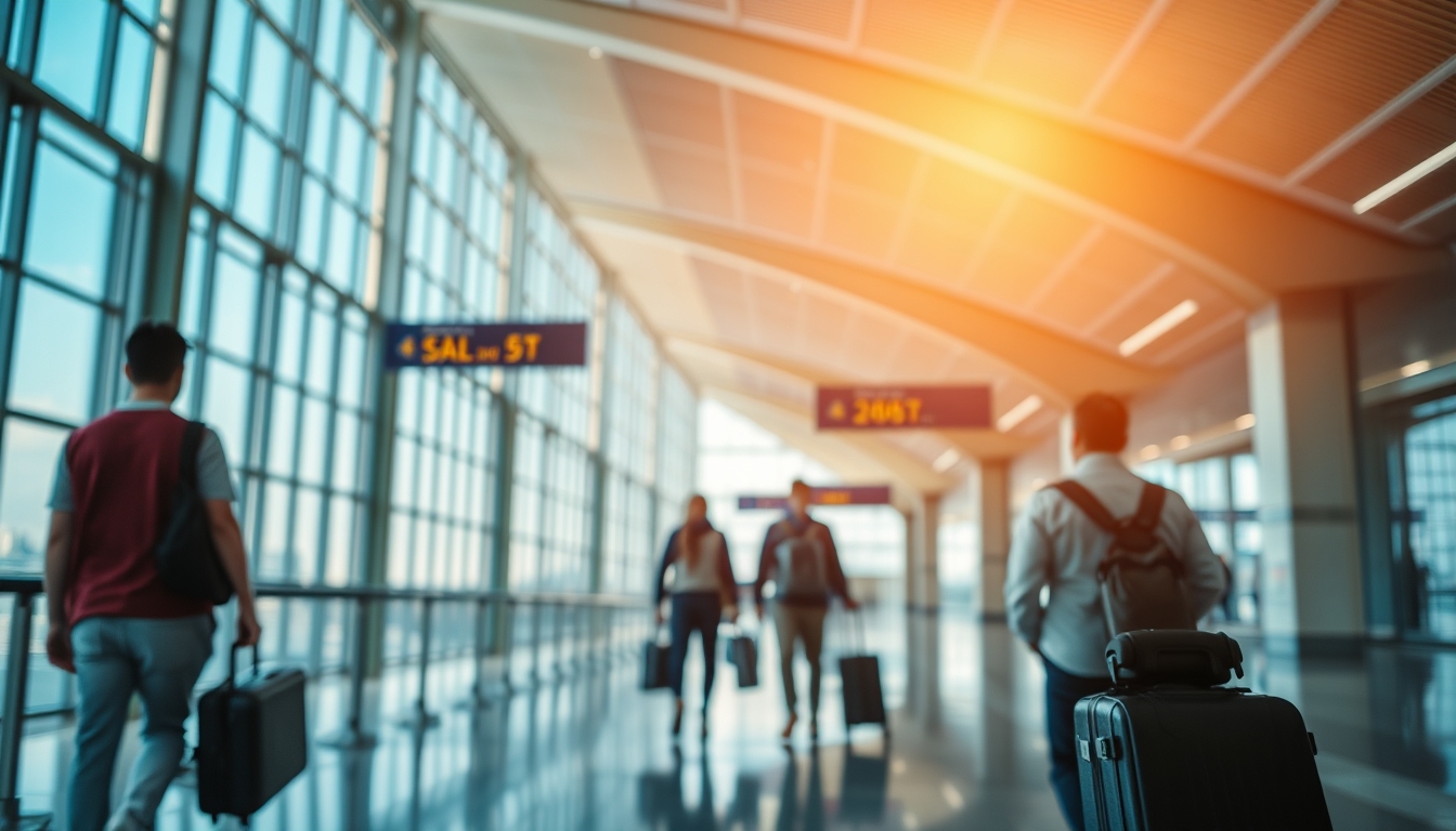 Terminal de aeroporto moderno com viajantes caminhando em estilo editorial