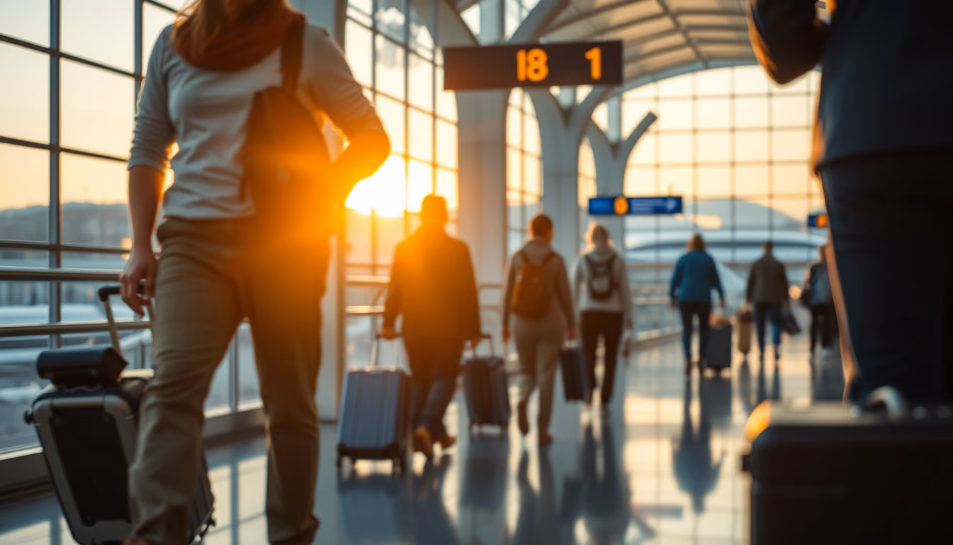 airport terminal modern with travelers walking in editorial style