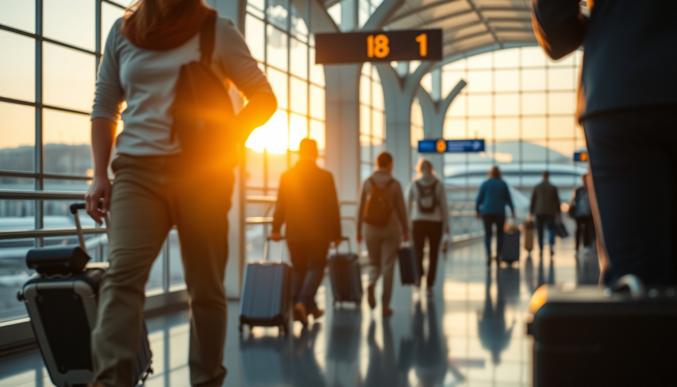 Terminal de aeroporto moderno com viajantes caminhando em estilo editorial