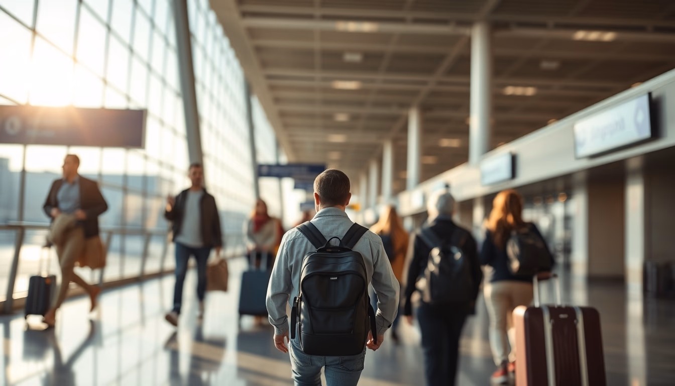 airport terminal modern with travelers walking in editorial style