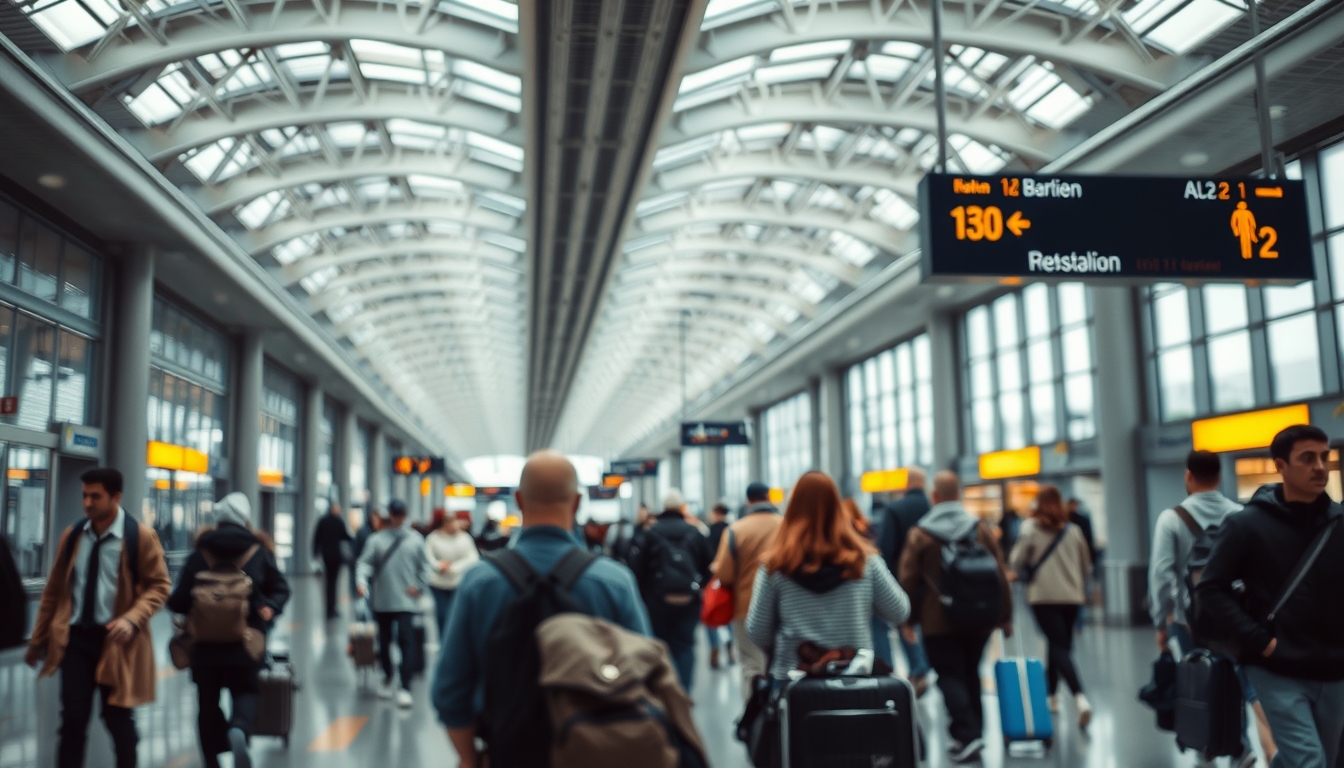 Terminal de aeroporto moderno com viajantes caminhando em estilo editorial