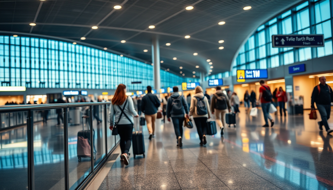 Terminal de aeroporto moderno com viajantes caminhando em estilo editorial