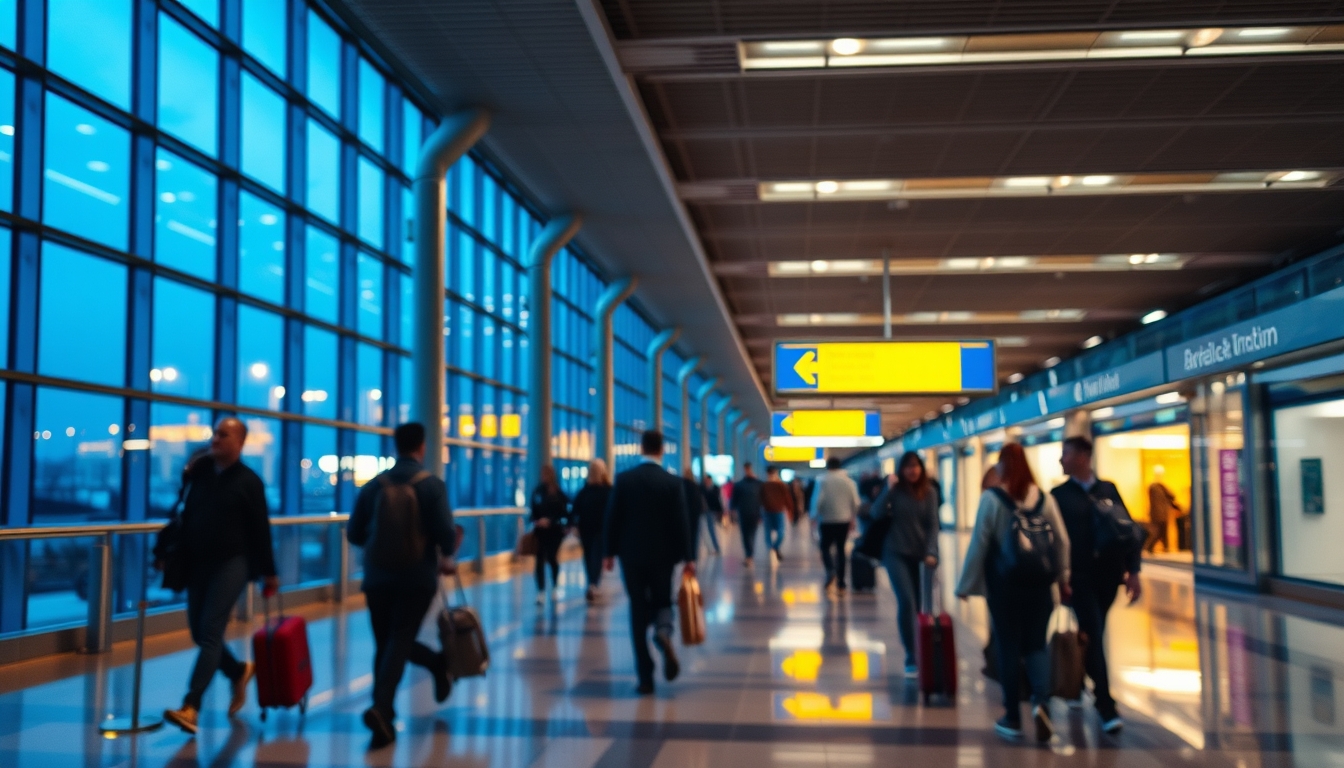 Terminal de aeroporto moderno com viajantes caminhando em estilo editorial