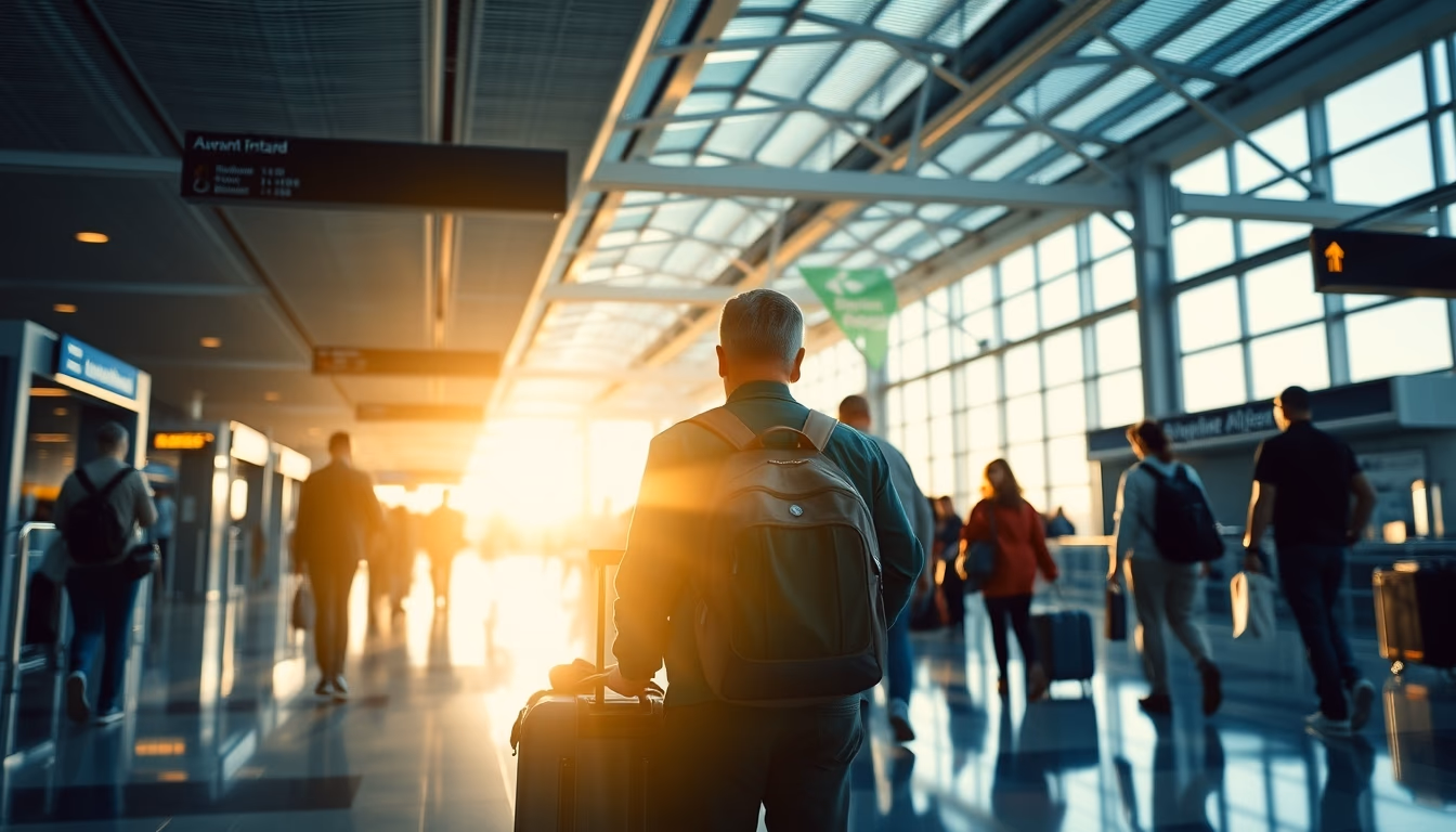 airport terminal modern with travelers walking in editorial style