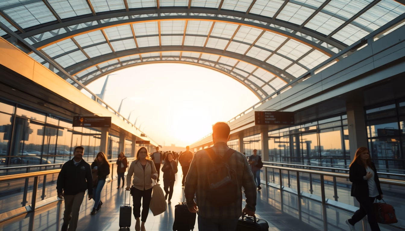 airport terminal modern with travelers walking in editorial style