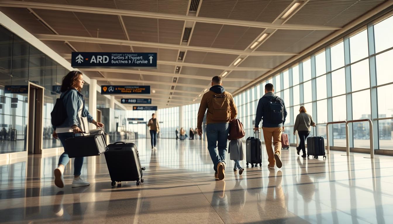 airport terminal modern with travelers walking in editorial style