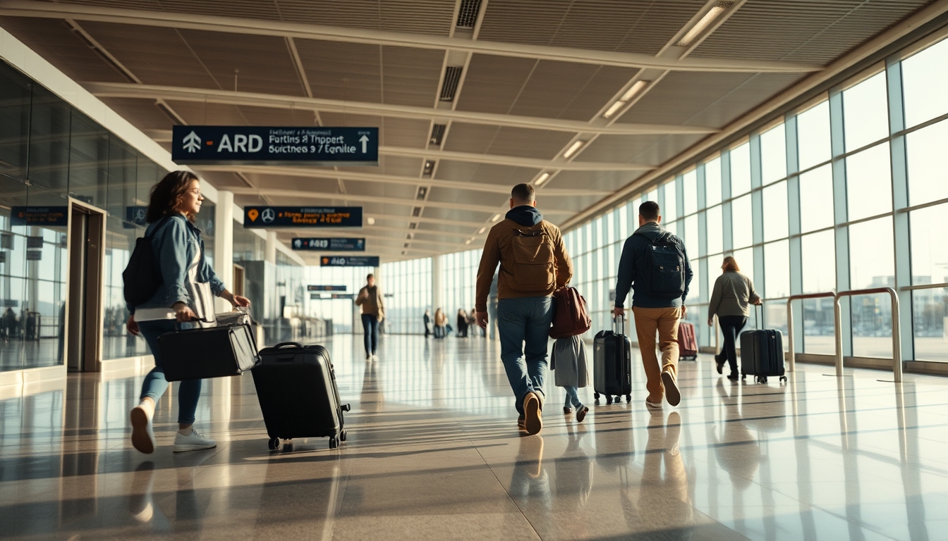 Terminal de aeroporto moderno com viajantes caminhando em estilo editorial