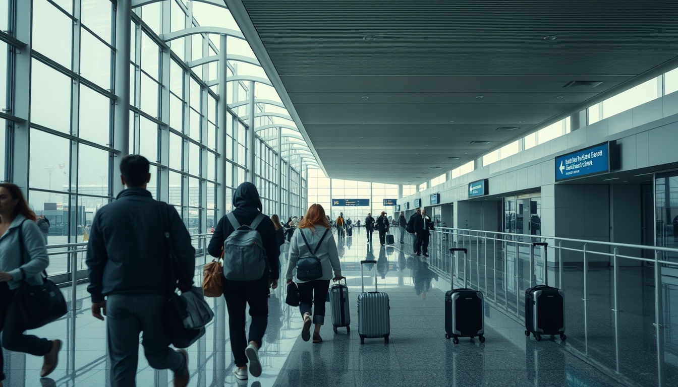 Terminal de aeroporto moderno com viajantes caminhando em estilo editorial