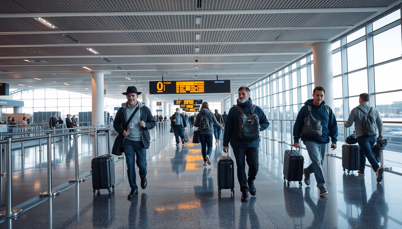 airport terminal modern with travelers walking in editorial style