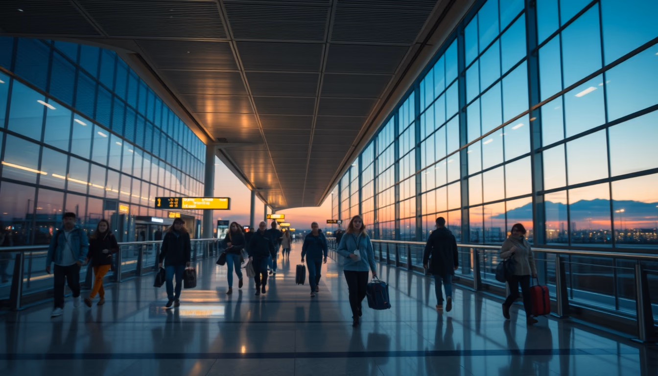 airport terminal modern with travelers walking in editorial style