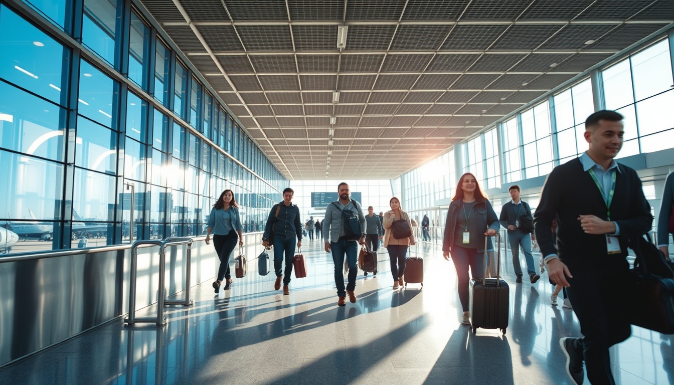 Terminal de aeroporto moderno com viajantes caminhando em estilo editorial