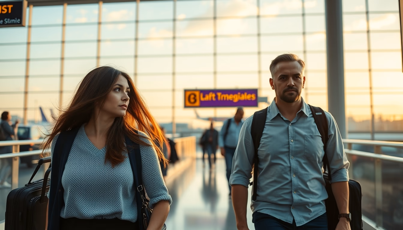 airport terminal modern with travelers walking in editorial style