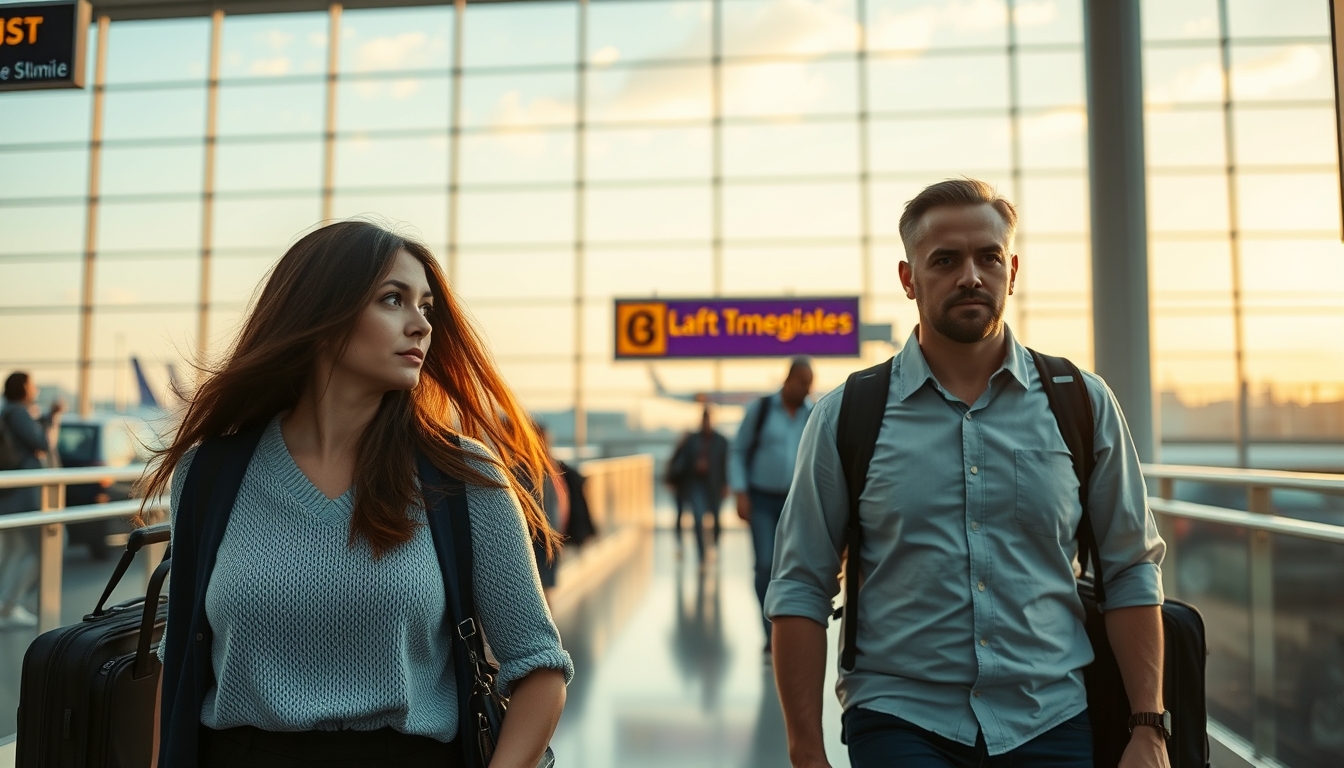 Terminal de aeroporto moderno com viajantes caminhando em estilo editorial