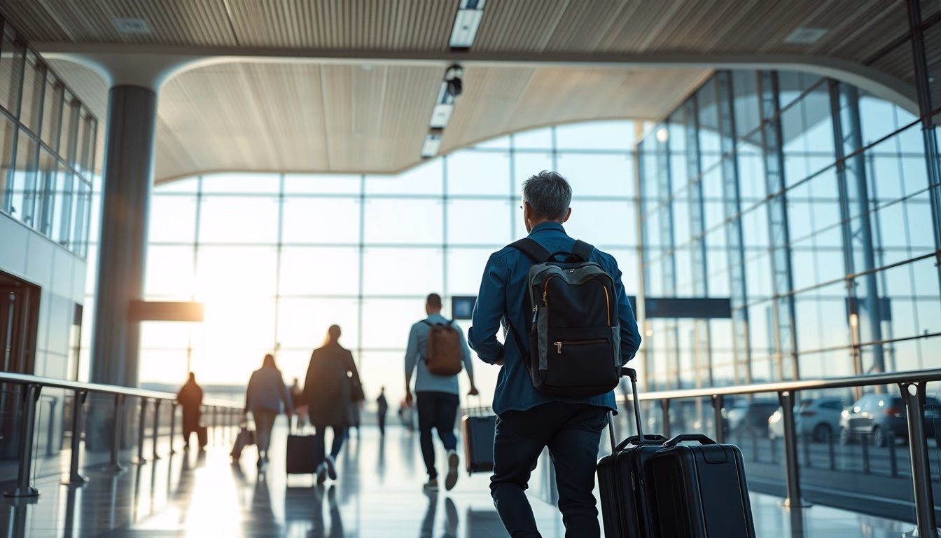 airport terminal modern with travelers walking in editorial style