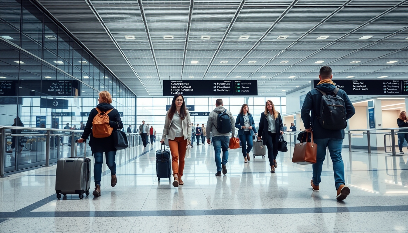 Terminal de aeroporto moderno com viajantes caminhando em estilo editorial