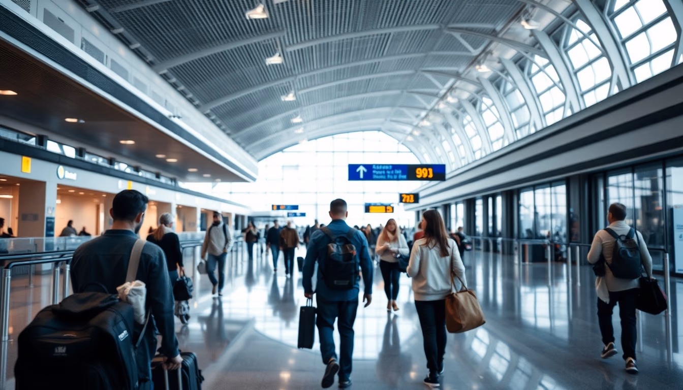 airport terminal modern with travelers walking in editorial style