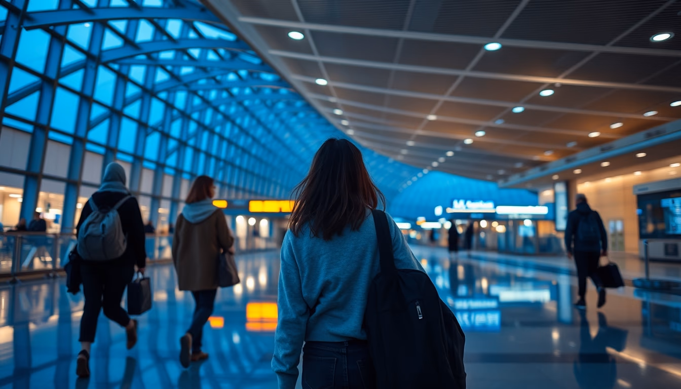 airport terminal modern with travelers walking in editorial style