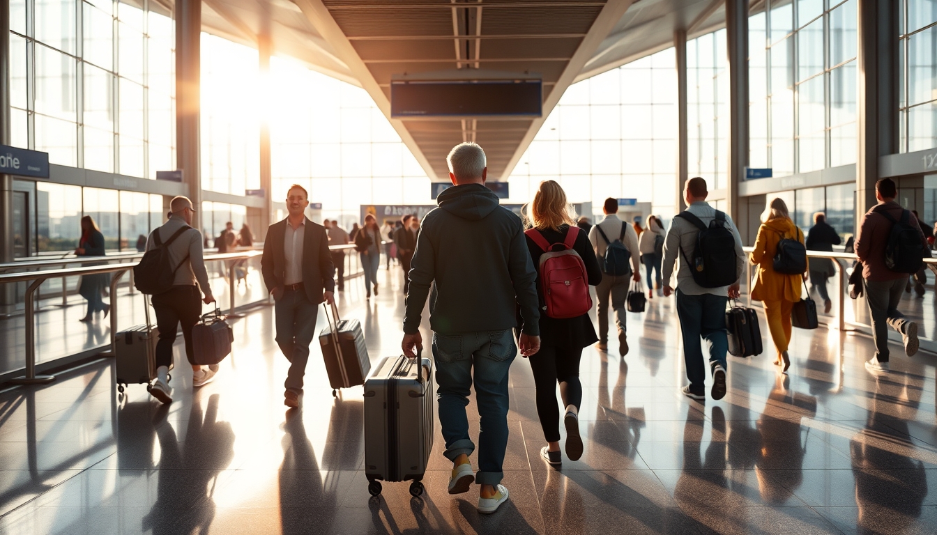 Terminal de aeroporto moderno com viajantes caminhando em estilo editorial