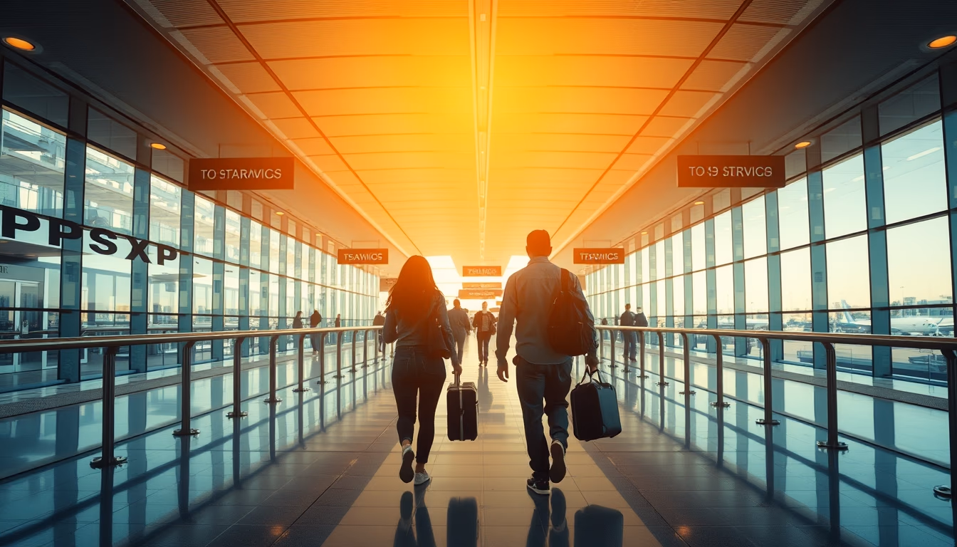 airport terminal modern with travelers walking in editorial style