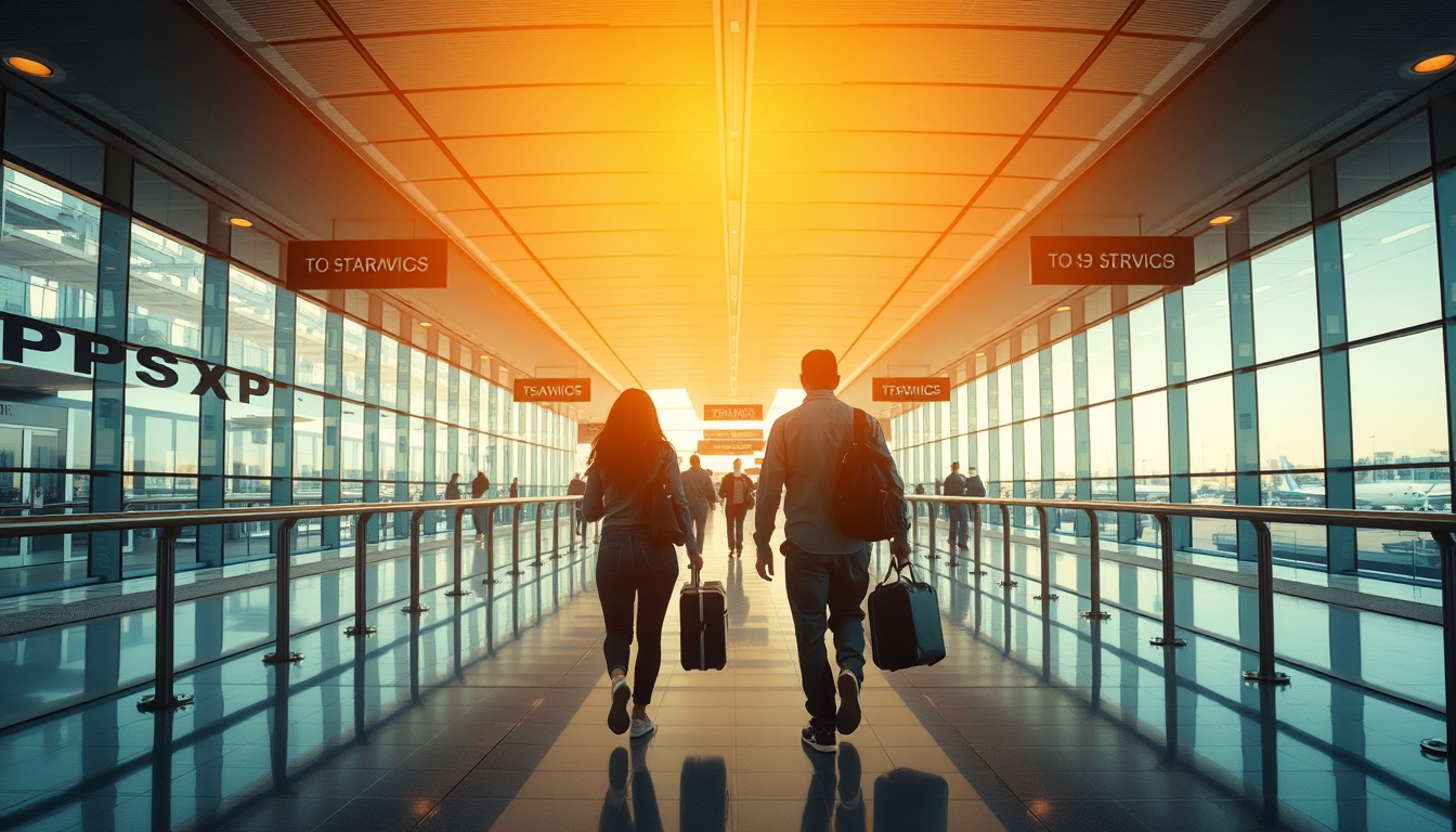 Terminal de aeroporto moderno com viajantes caminhando em estilo editorial