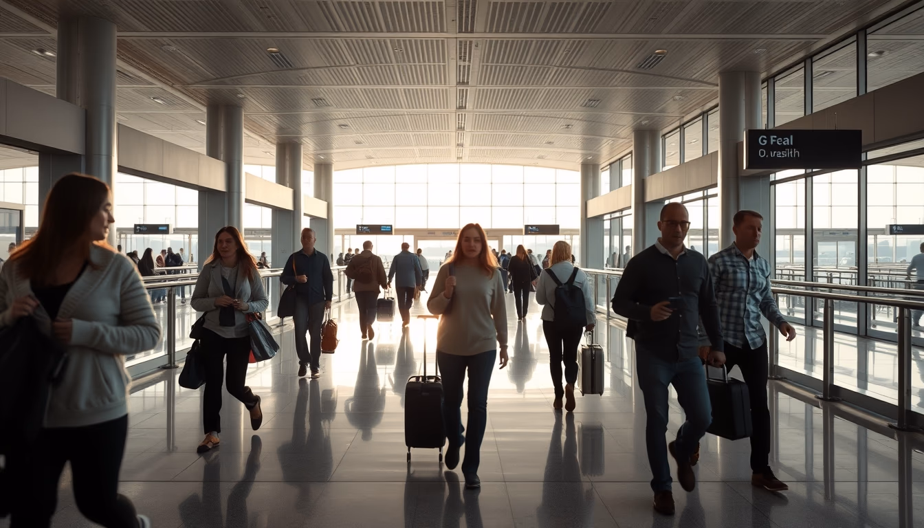 airport terminal modern with travelers walking in editorial style