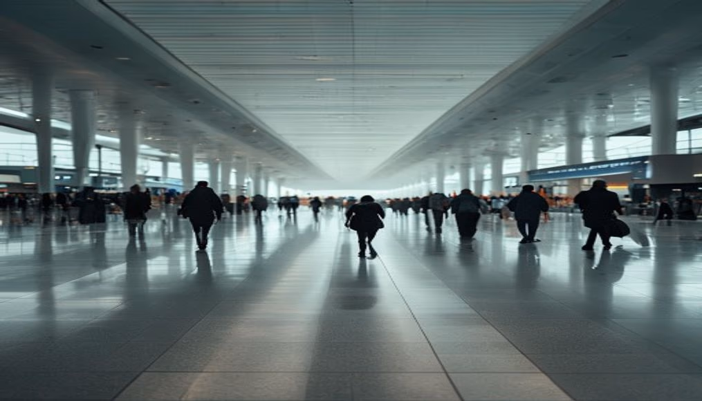 airport terminal modern with travelers walking in editorial style
