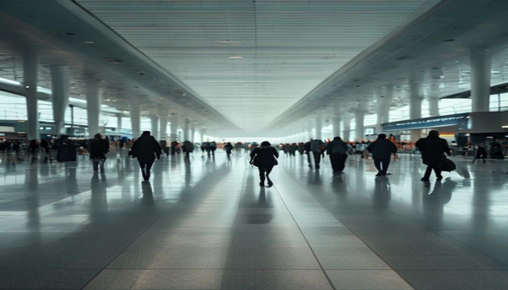 Terminal de aeroporto moderno com viajantes caminhando em estilo editorial