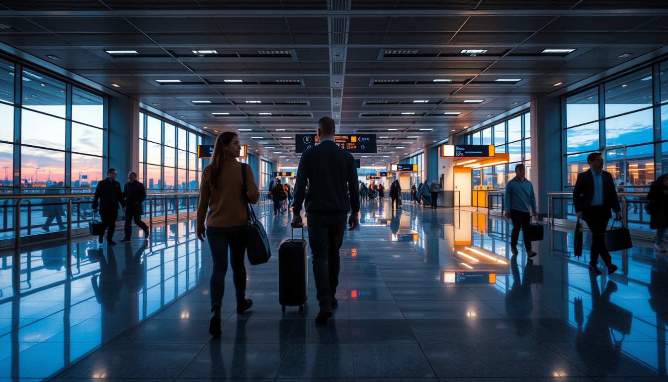 Terminal de aeroporto moderno com viajantes caminhando em estilo editorial