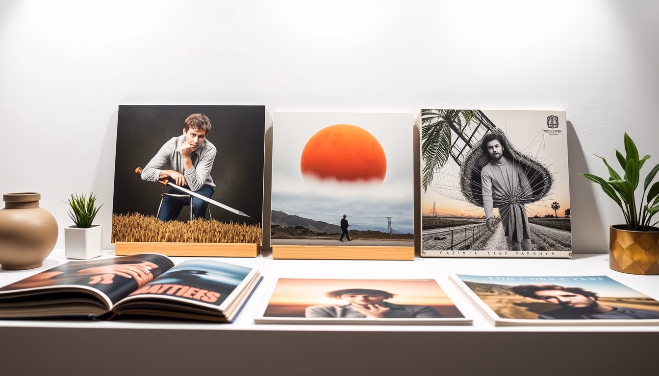 album cover art display in editorial style