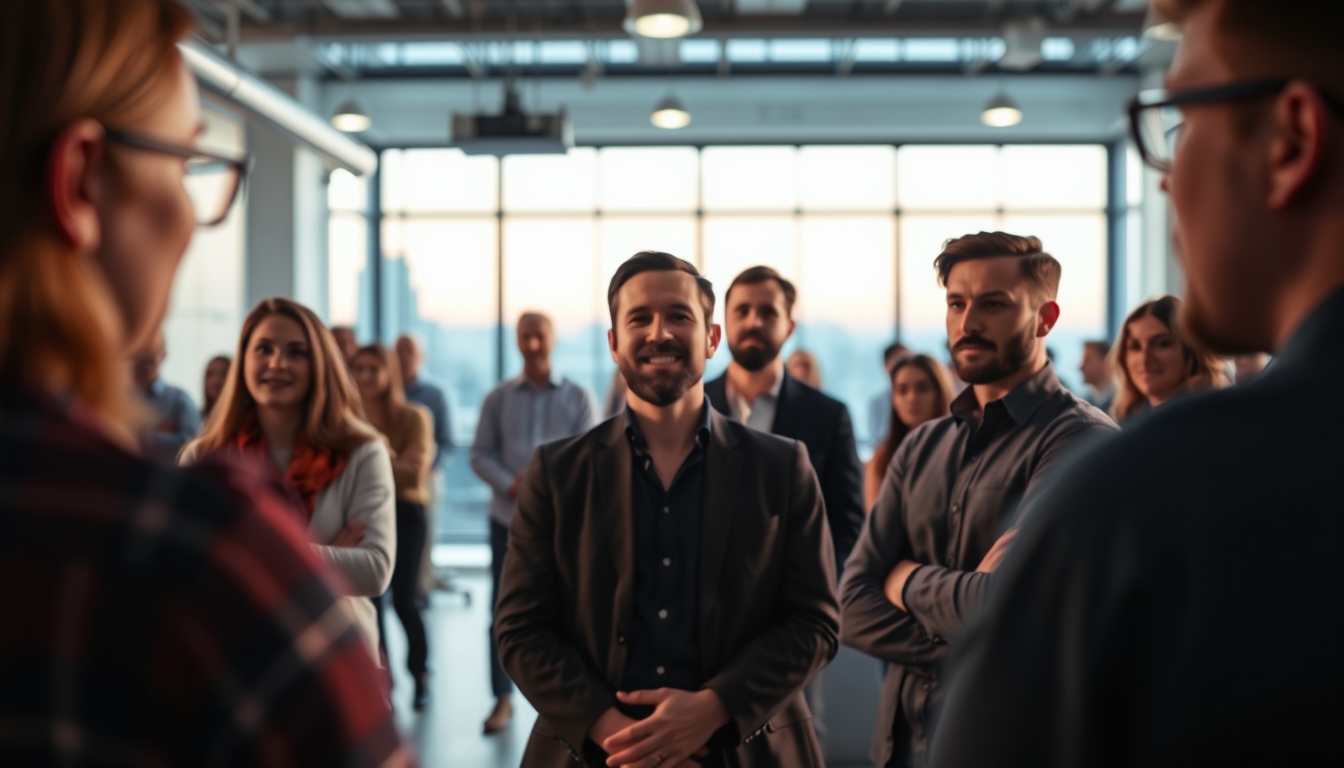 All-hands company meeting with employees gathered in open office em estilo editorial
