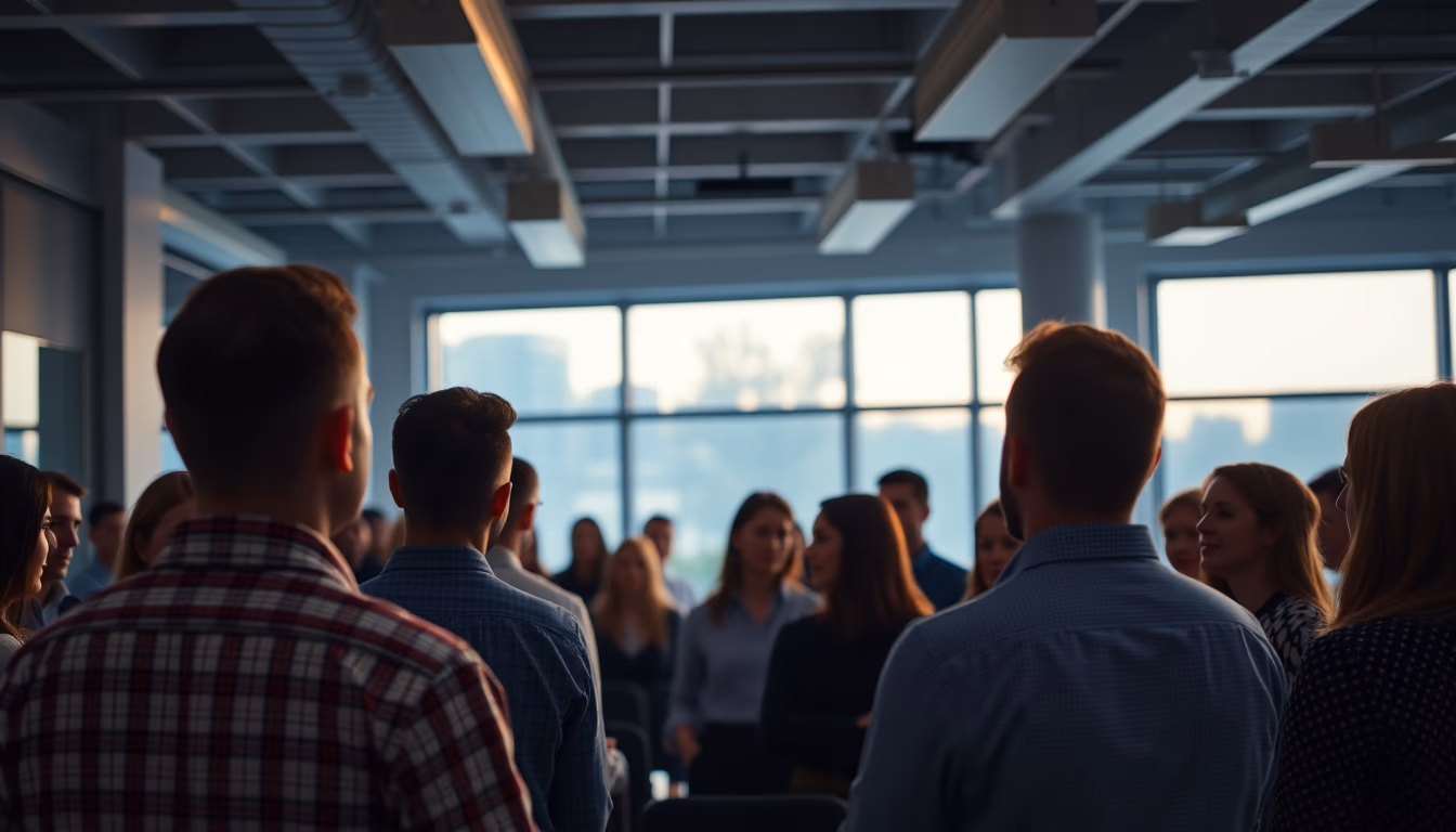 All-hands company meeting with employees gathered in open office em estilo editorial