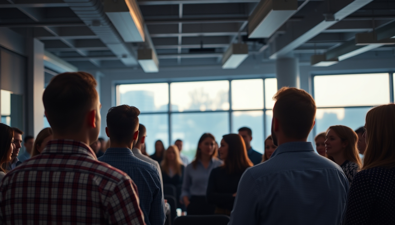All-hands company meeting with employees gathered in open office em estilo editorial