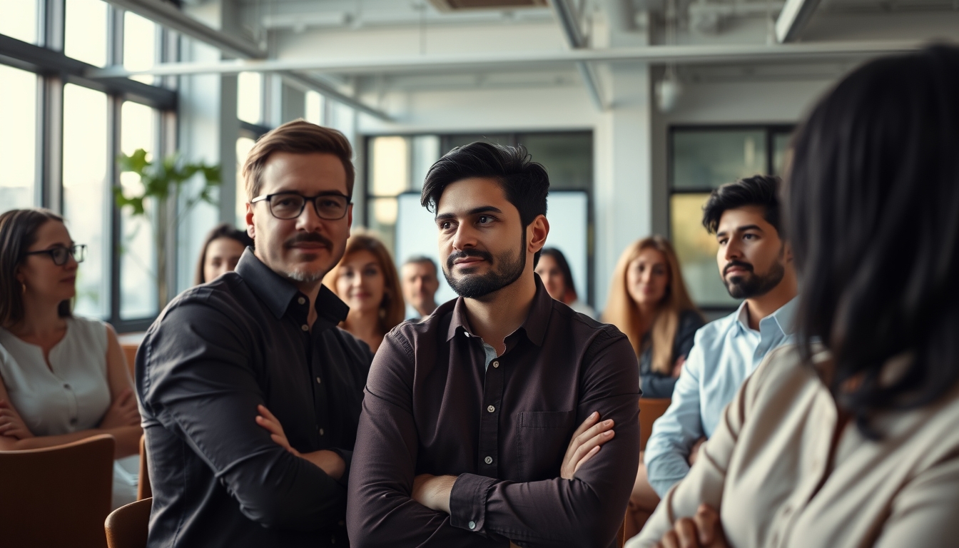 All-hands company meeting with employees gathered in open office em estilo editorial