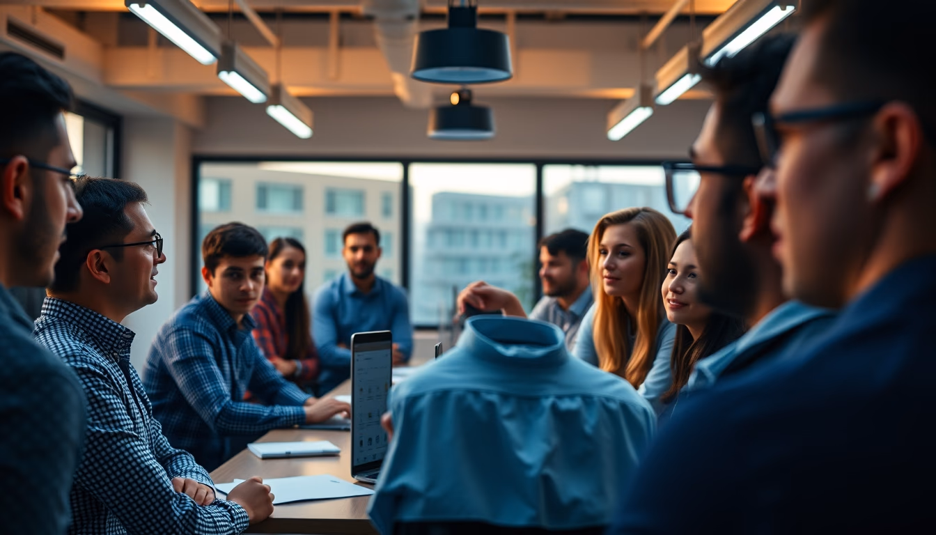 All-hands company meeting with employees gathered in open office em estilo editorial