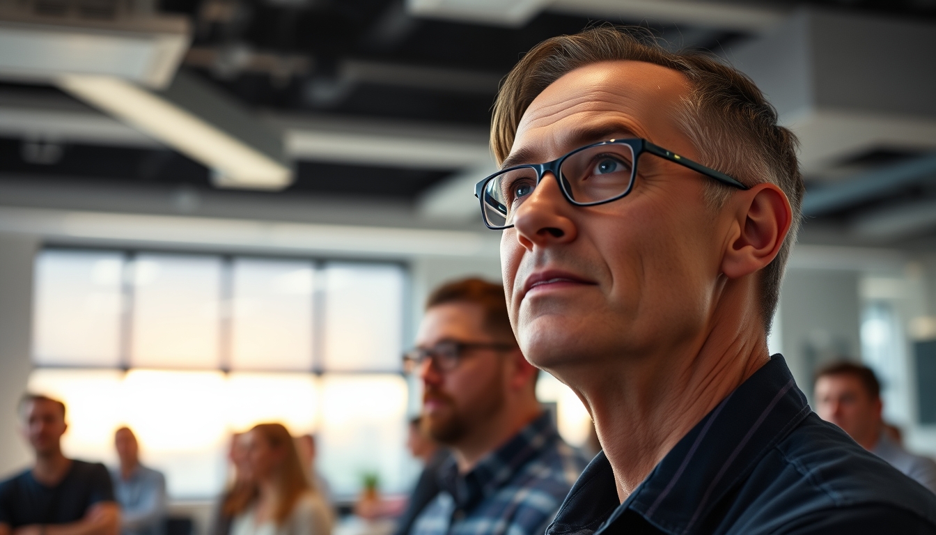 All-hands company meeting with employees gathered in open office em estilo editorial