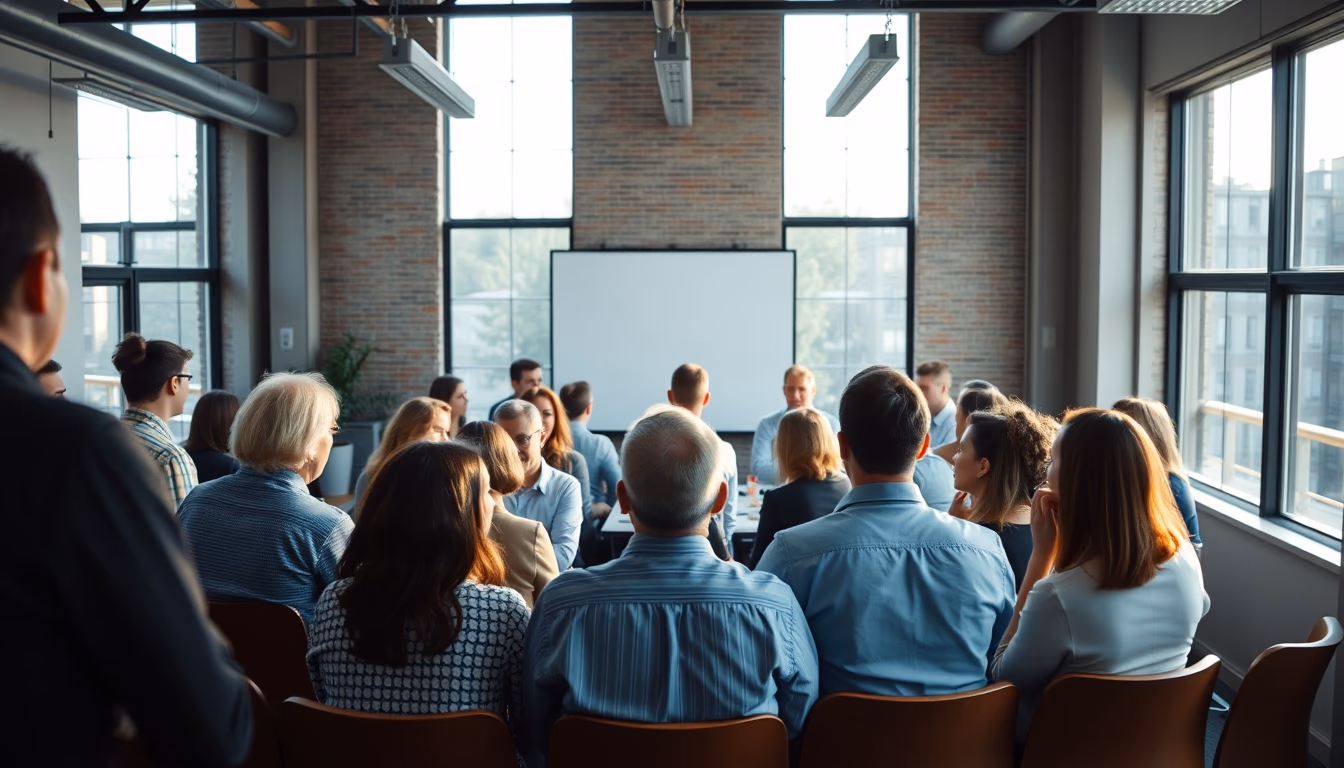 All-hands company meeting with employees gathered in open office em estilo editorial