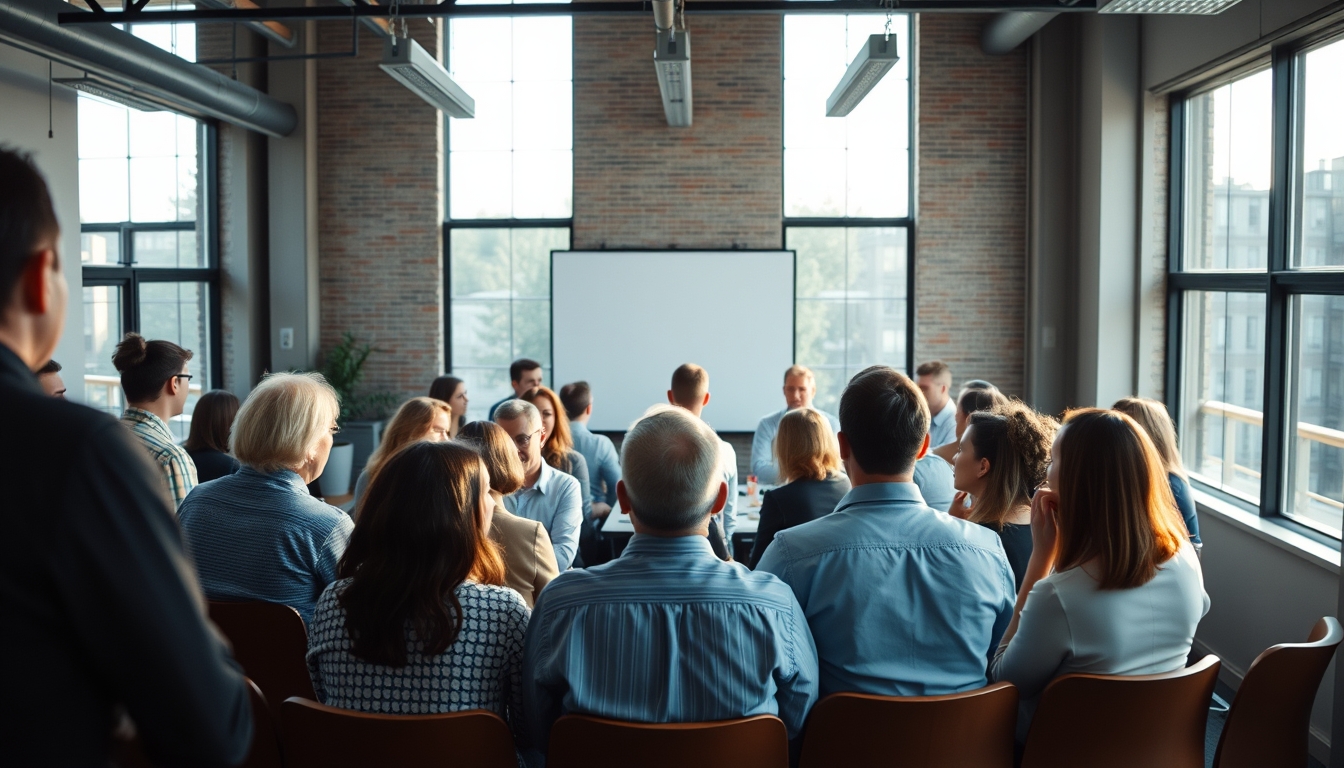 All-hands company meeting with employees gathered in open office em estilo editorial