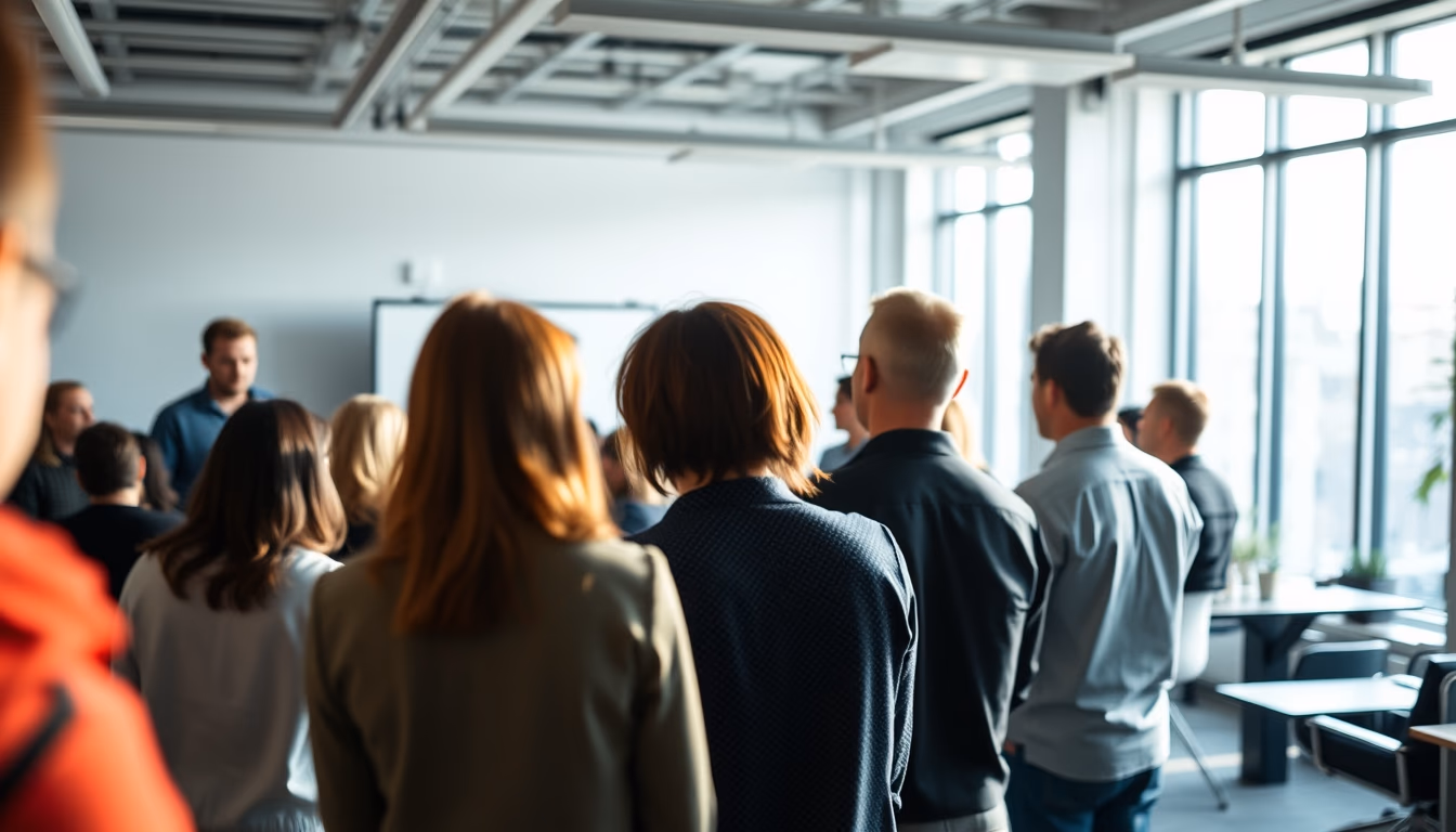 All-hands company meeting with employees gathered in open office em estilo editorial