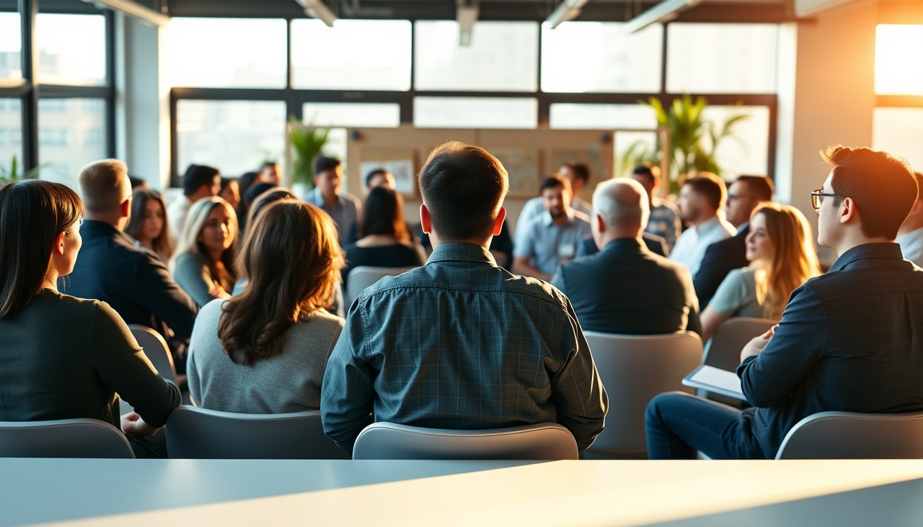 All-hands company meeting with employees gathered in open office em estilo editorial