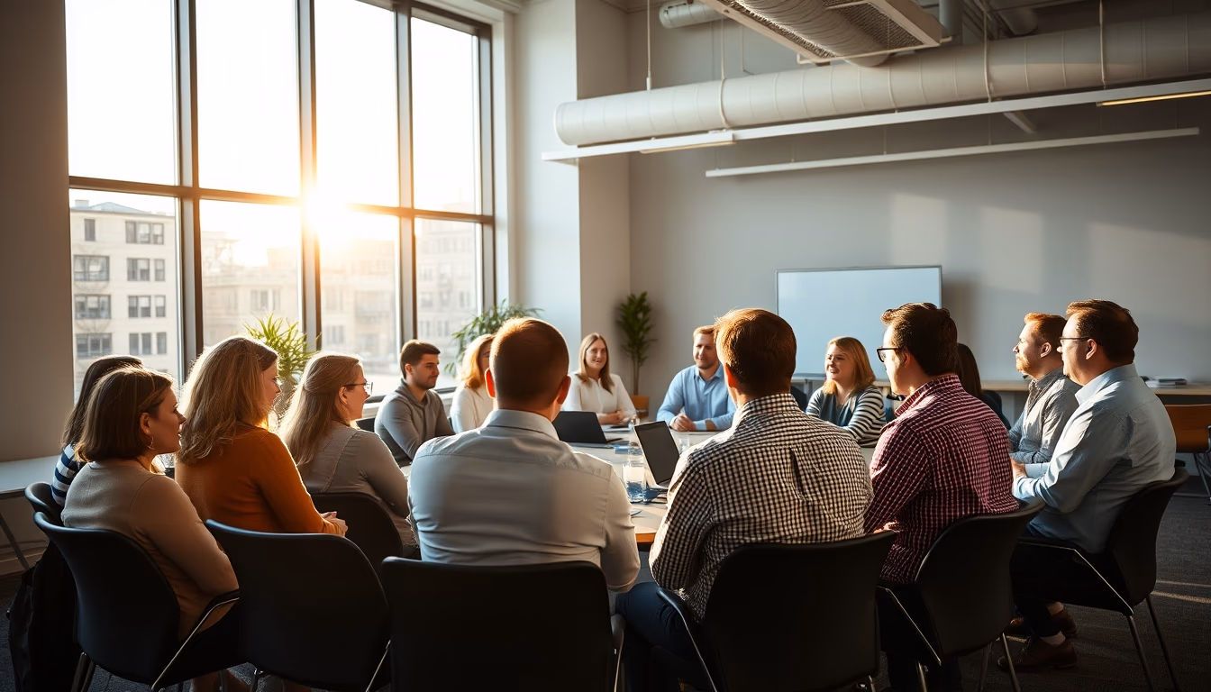 All-hands company meeting with employees gathered in open office em estilo editorial