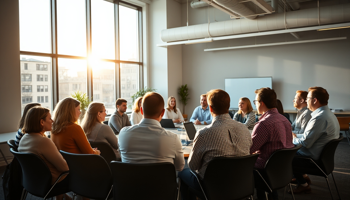 All-hands company meeting with employees gathered in open office em estilo editorial
