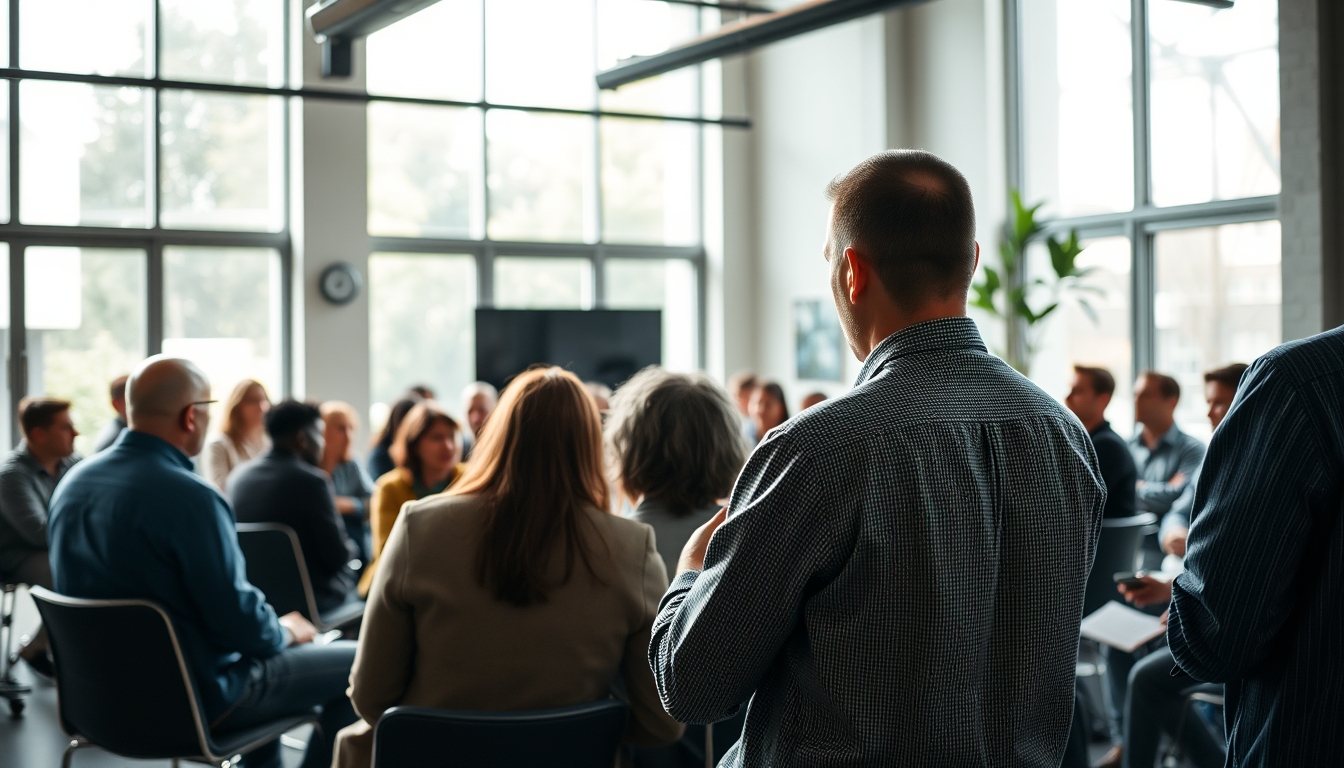 All-hands company meeting with employees gathered in open office em estilo editorial