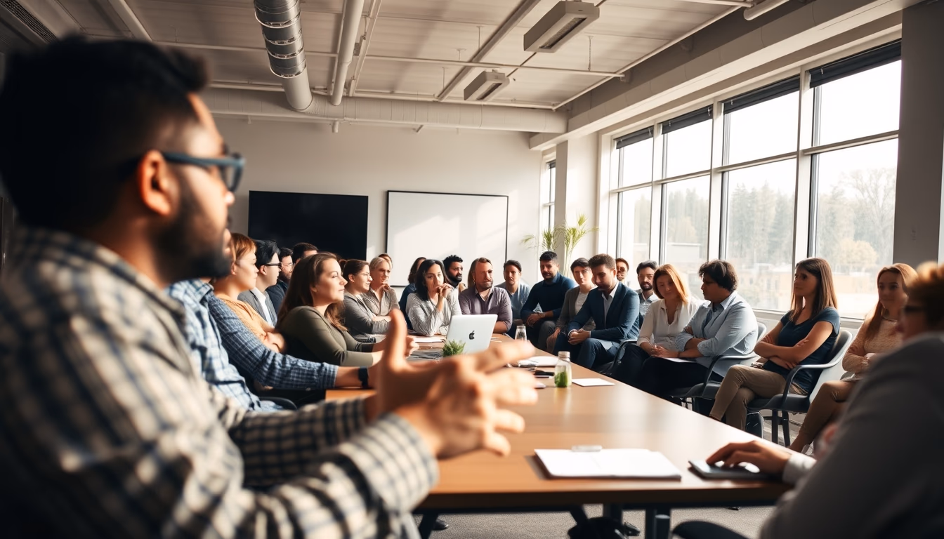 all-hands company meeting with employees gathered in open office in editorial style