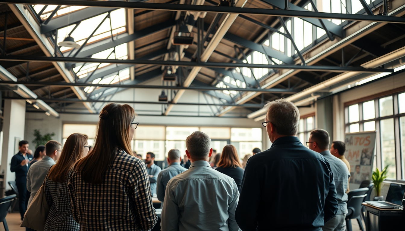 All-hands company meeting with employees gathered in open office em estilo editorial