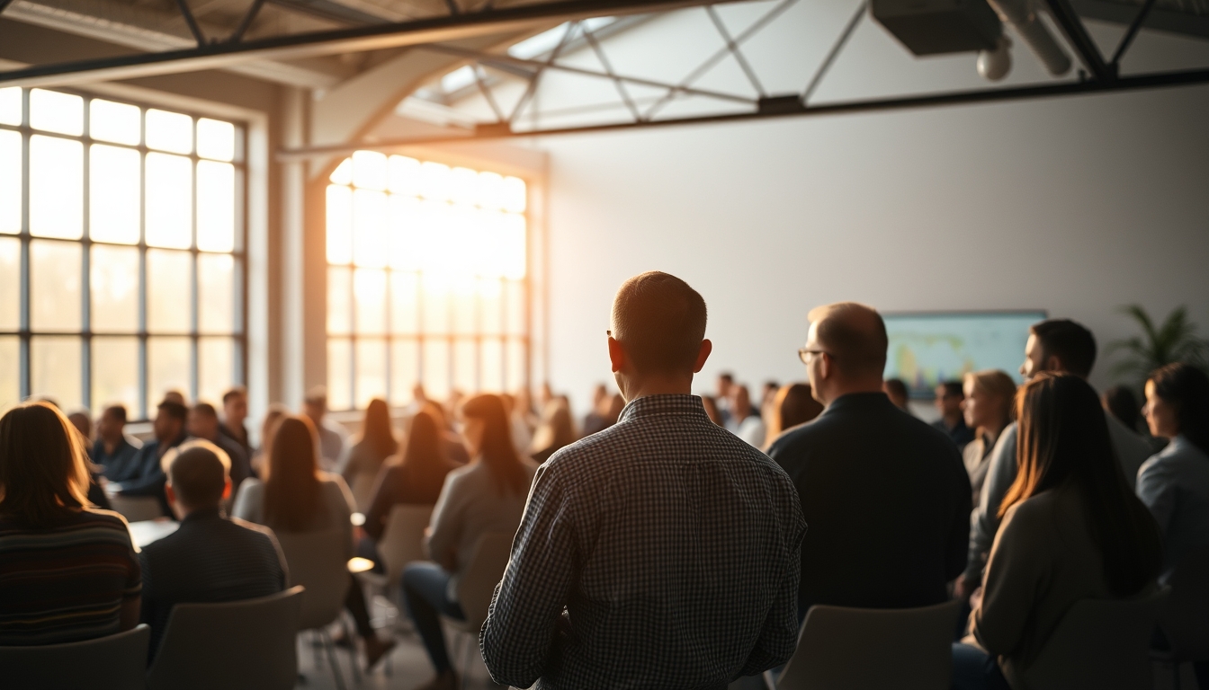 All-hands company meeting with employees gathered in open office em estilo editorial