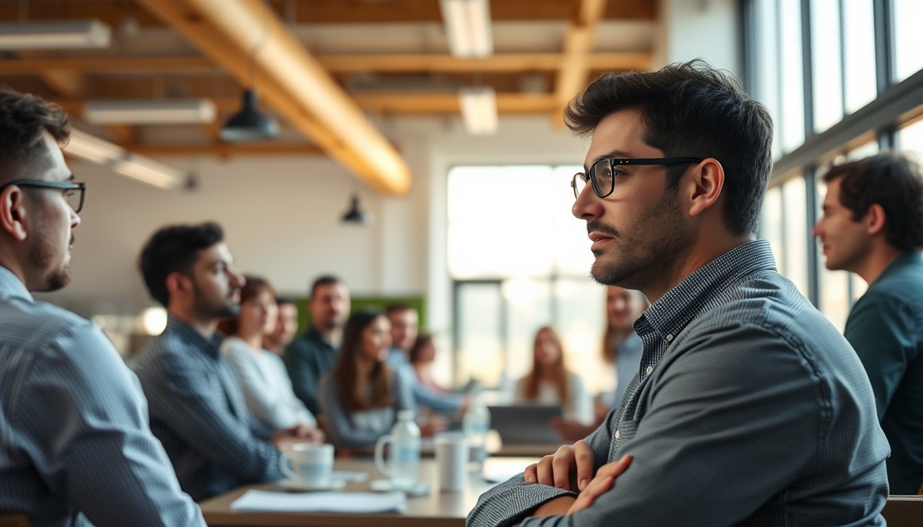 All-hands company meeting with employees gathered in open office em estilo editorial