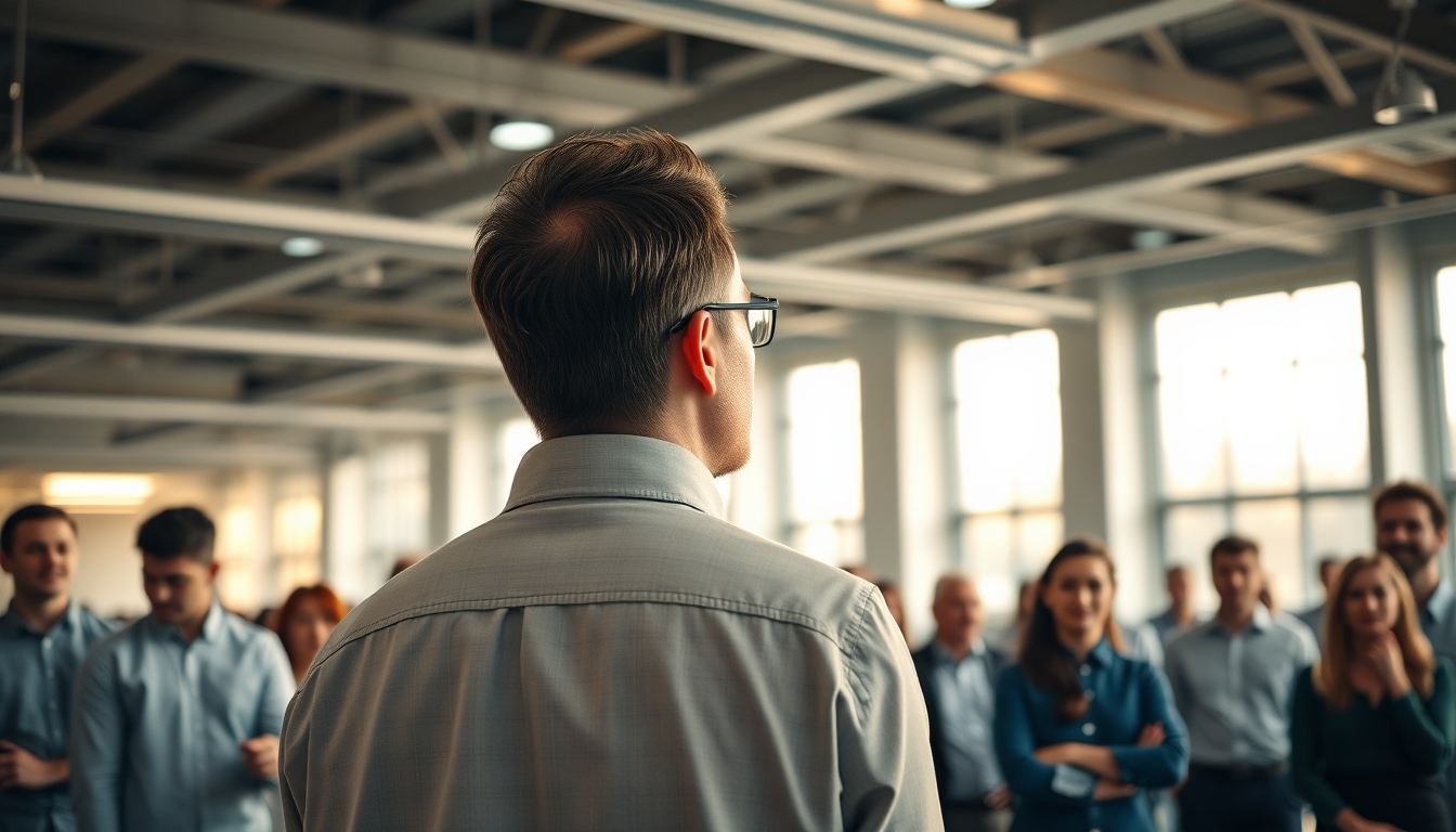 All-hands company meeting with employees gathered in open office em estilo editorial