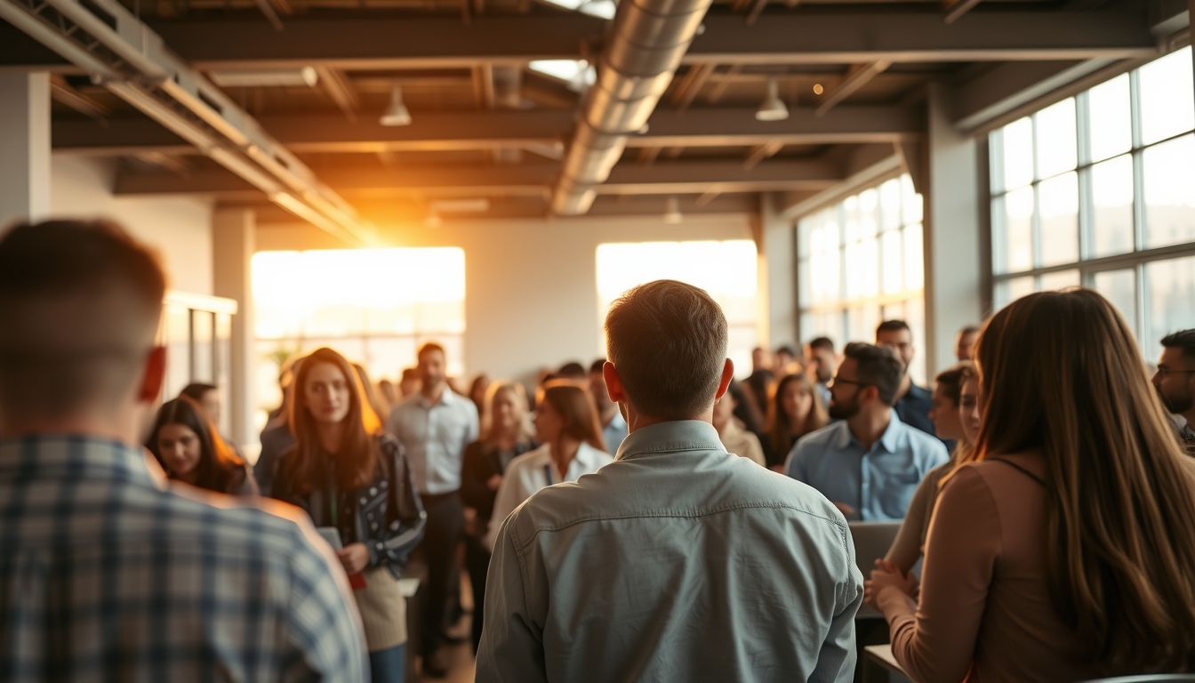 All-hands company meeting with employees gathered in open office em estilo editorial
